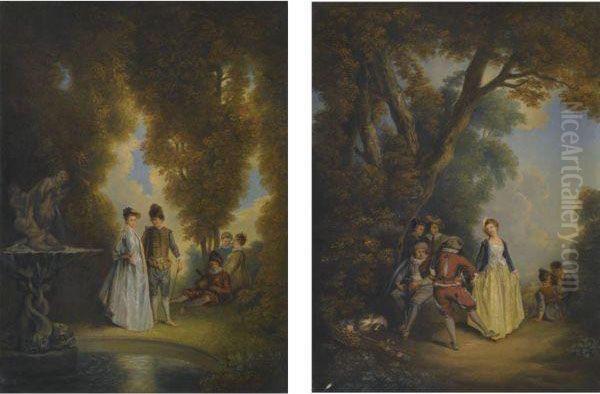 An Outdoor Scene With An Elegant Couple By A Fountain Oil Painting by Watteau, Jean Antoine