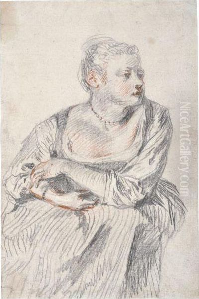 A Seated Woman, Wearing A Pearl 
Necklace, Her Arms Folded On Herlap, Looking To The Right Oil Painting by Watteau, Jean Antoine