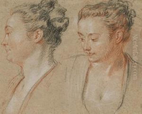 Deux Tetes De Femmes Oil Painting by Watteau, Jean Antoine