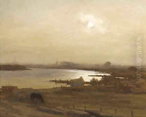 A moonlit bend in the river IJssel near Kampen Oil Painting by Willem Bastiaan Tholen