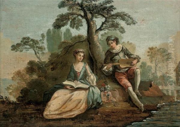 An Amorous Couple Making Music In A Wooded River Landscape Oil Painting by Watteau, Jean Antoine