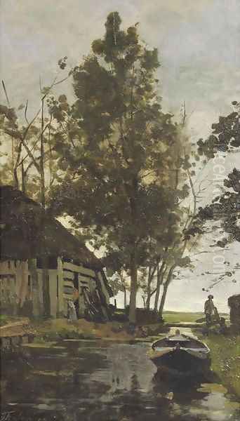 A shed by a canal Oil Painting by Willem Bastiaan Tholen