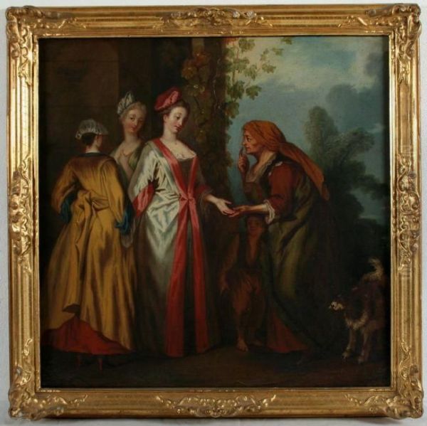 Dame In Begleitung Ihrer Beiden Zofen Oil Painting by Watteau, Jean Antoine