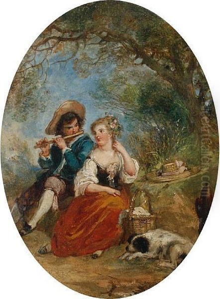 A Young Shepherd And Shepherdess With Their Dog In A Landscape Oil Painting by Watteau, Jean Antoine