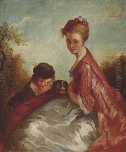 A Mother And Child With A Dog, In A Landscape Oil Painting by Watteau, Jean Antoine