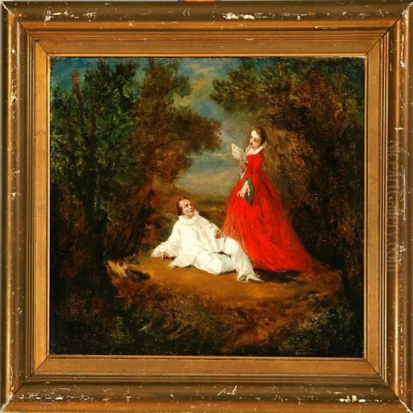 Forest Scene With An Elegant Lady In A Red Dress Singingfor Pierrot Oil Painting by Watteau, Jean Antoine