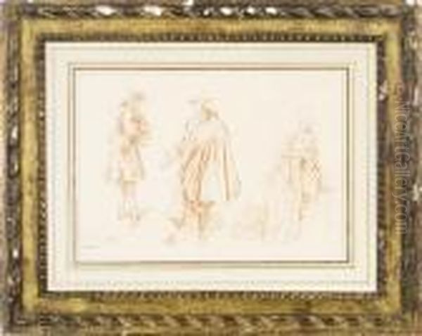 Two Men Standing And An Elegant Lady Seated; And A Companiondrawing By Another Hand Oil Painting by Watteau, Jean Antoine