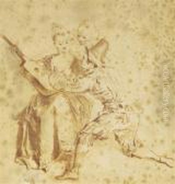 A Musician And Her Admirers Oil Painting by Watteau, Jean Antoine