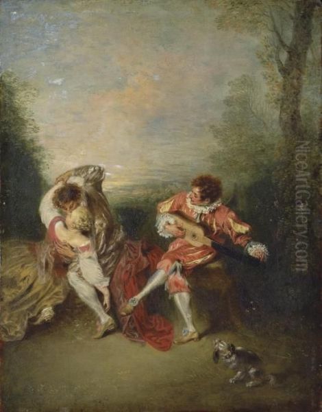 La Surprise: A Couple Embracing While A Figure Dressed As Mezzetin Tunes A Guitar Oil Painting by Watteau, Jean Antoine