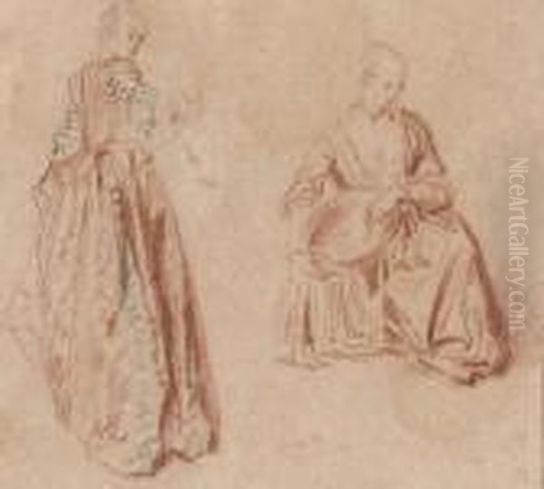 Studies Of Two Girls: One Seen 
From Behind Looking Over Her Rightshoulder, The Other Seated, Holding A 
Basket Oil Painting by Watteau, Jean Antoine