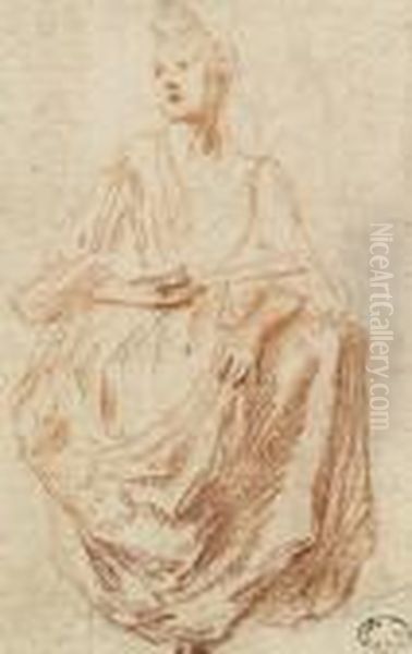 Une Femme Assise Tenant Un Eventail Oil Painting by Watteau, Jean Antoine