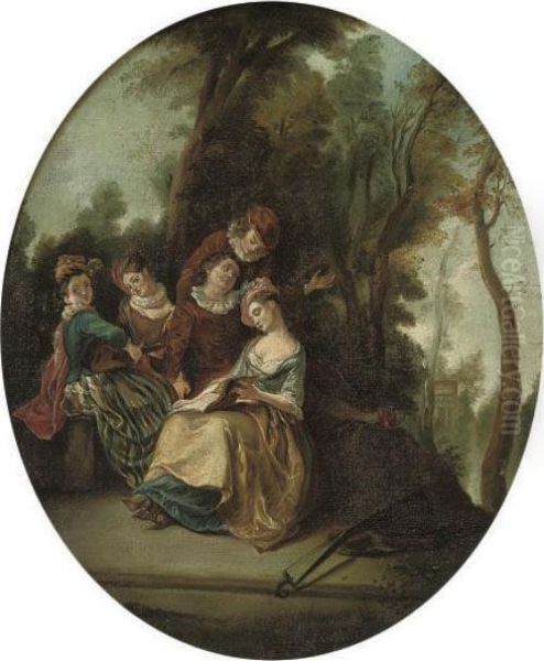 Elegant Company Making Music In A Wooded Landscape Oil Painting by Watteau, Jean Antoine