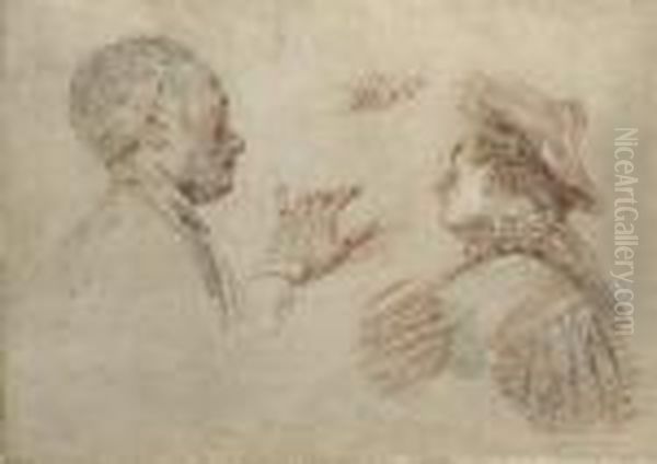 Two Men, Bust-length And Wearing Hats, With Subsidiary Studies Of Two Hands Oil Painting by Watteau, Jean Antoine