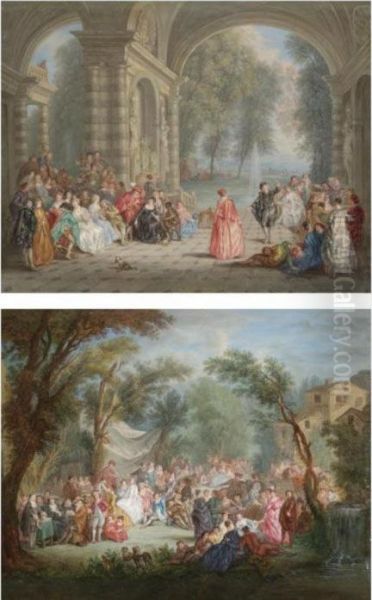 A Palace Loggia With Figures Dancing; A Wedding Ceremony In A Wooded Landscape Oil Painting by Watteau, Jean Antoine