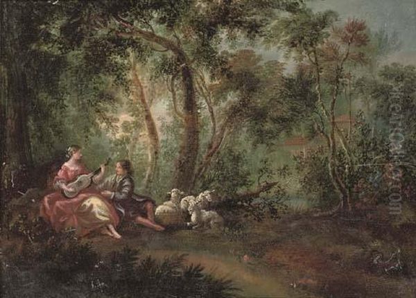 A Wooded River Landscape With A Shepherd And Shepherdess Making Music Oil Painting by Watteau, Jean Antoine