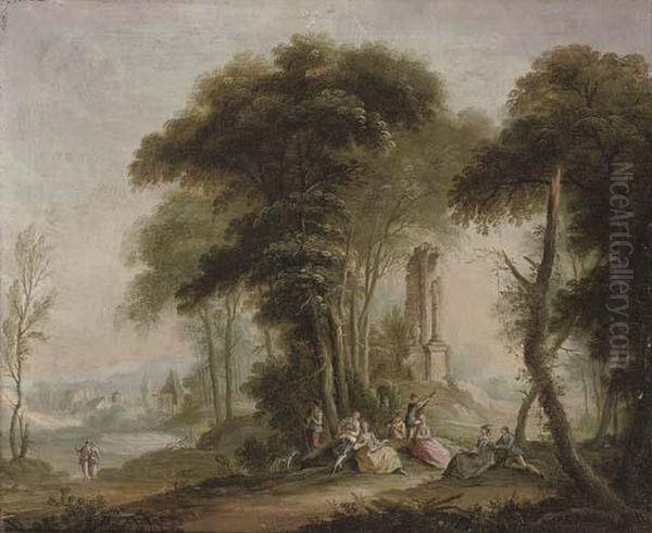 Elegant Company Making Music In A Landscape, A Village Beyond Oil Painting by Watteau, Jean Antoine