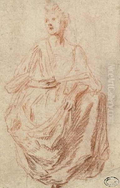 A Seated Woman Holding A Fan Oil Painting by Watteau, Jean Antoine