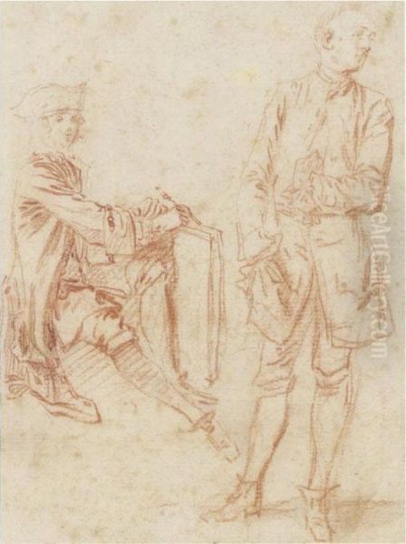 Two Figures: A Draughtsman 
Seated Holding A Portfolio, Another Standing With His Hand In His Pocket Oil Painting by Watteau, Jean Antoine