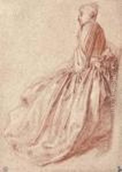 A Woman In A Long Dress, Seated In Profile To The Left Oil Painting by Watteau, Jean Antoine