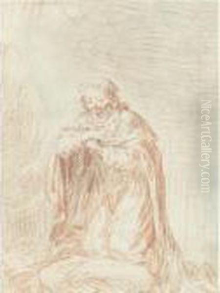 Recto: Man Kneeling In Prayer 
(saint Louis) Verso By Another Hand: Couple From Commedia Del' Arte Oil Painting by Watteau, Jean Antoine