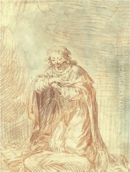 Recto: Man Kneeling In Prayer 
(st. Louis) Verso By Another Hand: Couple From Commedia Del' Arte Oil Painting by Watteau, Jean Antoine