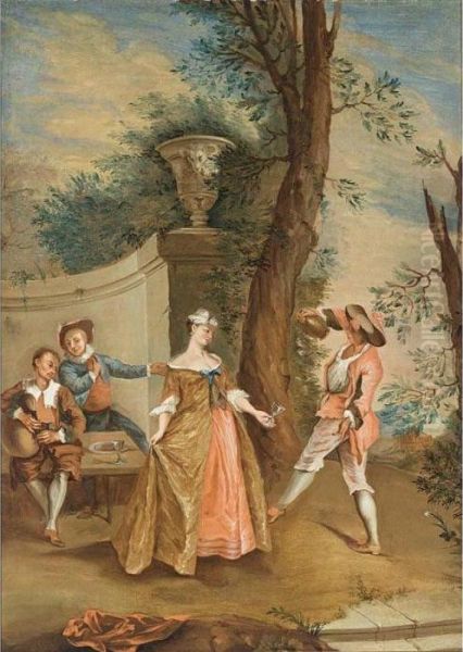 An Elegant Company Drinking And Playing Music In A Garden Setting Oil Painting by Watteau, Jean Antoine