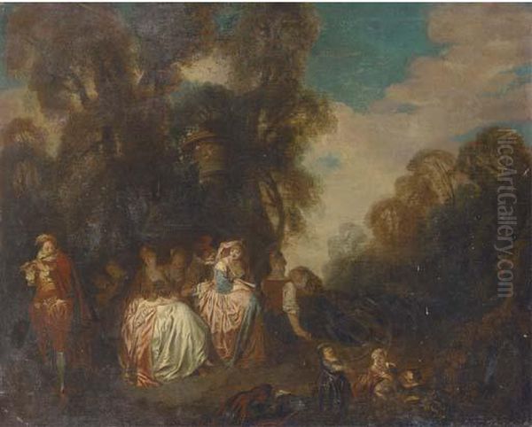 A Fete Champetre With Elegant Company Listening To Music Oil Painting by Watteau, Jean Antoine