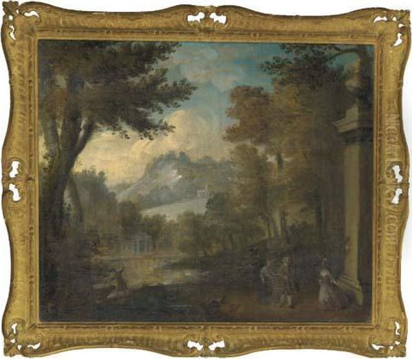 A Wooded Landscape With Elegant Company By A Lake Oil Painting by Watteau, Jean Antoine