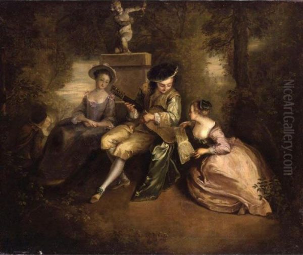 An Elegant Young Man Playing A Guitar With Two Ladies In A Parkland Setting Oil Painting by Watteau, Jean Antoine