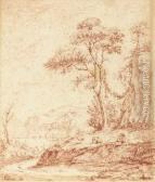 A Shepherd And His Sheep In A Wooded River Landscape, A Small Town In The Distance Oil Painting by Watteau, Jean Antoine