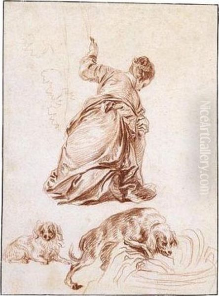 A Kneeling Woman, After Veronese, And Two Studies Of Dogs, One After Rubens Oil Painting by Watteau, Jean Antoine