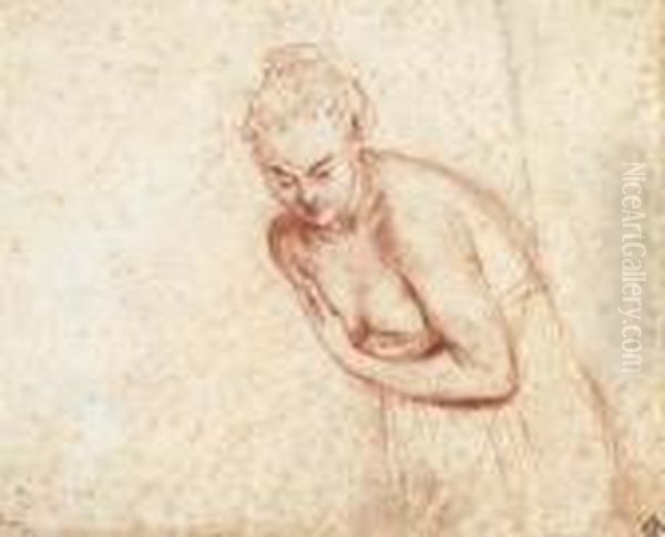 A Female Nude, Half-length, Leaning Forward, Her Arms Before Herbreasts Oil Painting by Watteau, Jean Antoine