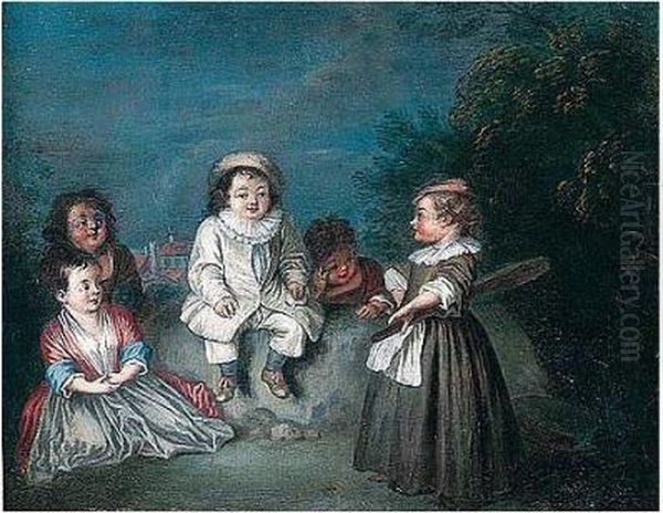 Children Playing In A Landscape Oil Painting by Watteau, Jean Antoine