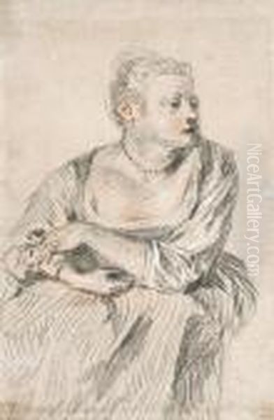 A Seated Woman With A Generous Dcollet, Her Arms Folded On Her Lap,looking To The Right Oil Painting by Watteau, Jean Antoine