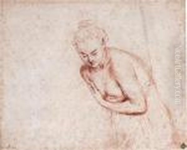 A Female Nude, Half-length, In A
 Shift Leaning Forward With Herhands Concealing Her Breasts Oil Painting by Watteau, Jean Antoine