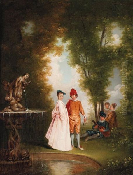 An Elegant Couple By A Sculpted Fountain Oil Painting by Watteau, Jean Antoine