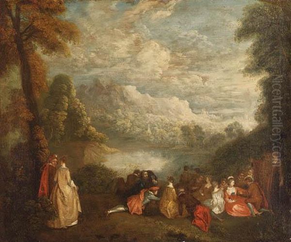 A Fte Champtre By A Lake Oil Painting by Watteau, Jean Antoine