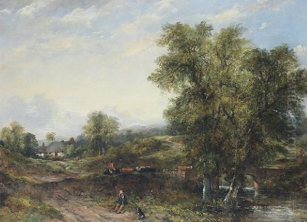 Landscape With Cattle And Drover Crossing Ariver Oil Painting by Frederick Waters Watts