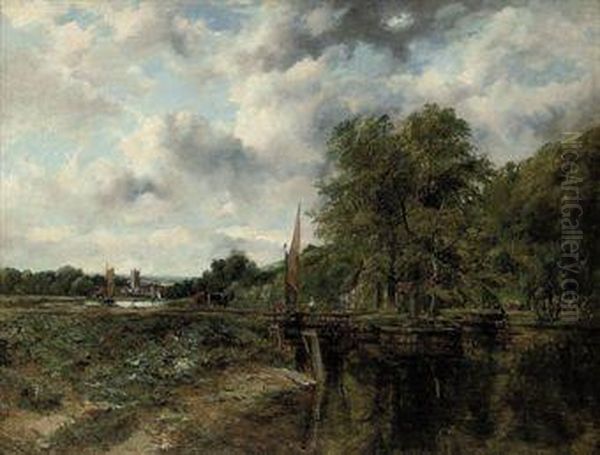 A Wooded River Landscape With 
Figure, Cattle And Horses By A Lock,a Church And Village Beyond Oil Painting by Frederick Waters Watts