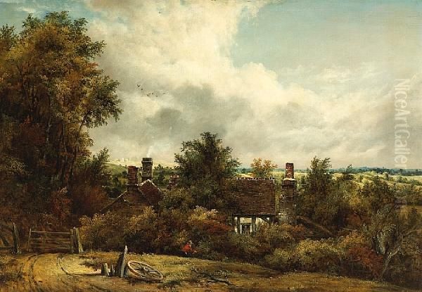 Old Cottages By A Wood Oil Painting by Frederick Waters Watts