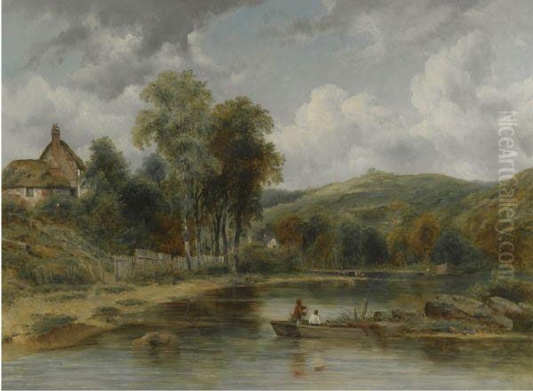 River Landscape With A Ferry Oil Painting by Frederick Waters Watts