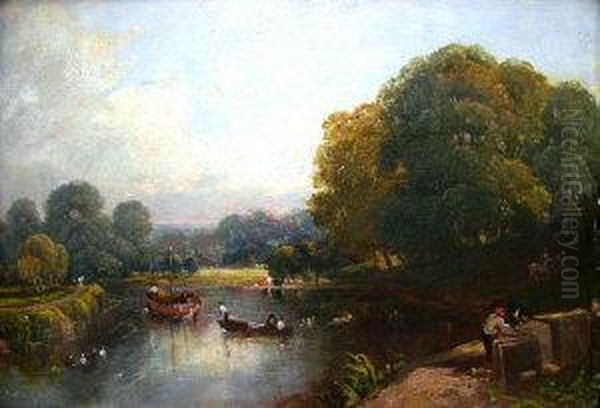 Figures With A Barge On A Tranquil River Oil Painting by Frederick Waters Watts