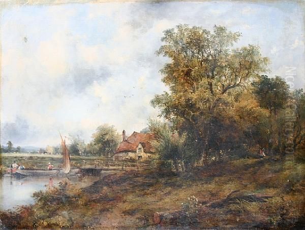 Cottage On The Stour, With Figures In A Boat And A Traveller On A Wooded Pathway Oil Painting by Frederick Waters Watts