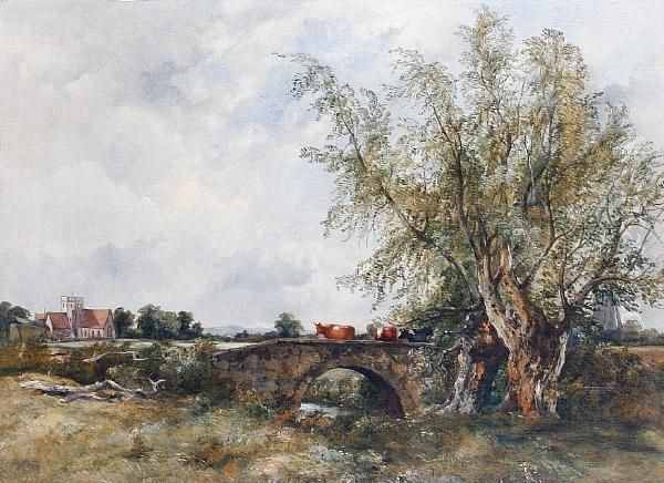 Cattle Crossing A Bridge With A Church Beyond Oil Painting by Frederick Waters Watts