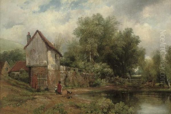 Wooded Landscape With Farm Buildings Beside A Pool Oil Painting by Frederick Waters Watts