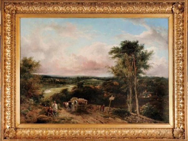 Haywain On A Country Road In A River Landscape Oil Painting by Frederick Waters Watts