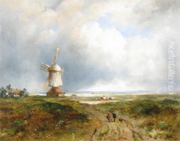 Figures In A Landscape With A Windmill Oil Painting by Frederick Waters Watts