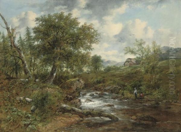 A Wooded River Landscape With Fishermen And Sheep On The Banks, Acottage Beyond Oil Painting by Frederick Waters Watts