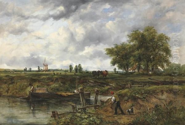 An Extensive Landscape With A Barge Approaching A Lock, With Cattleand A Windmill Beyond Oil Painting by Frederick Waters Watts