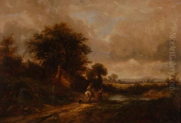 Figures Near And Thatched Rural Cottage Oil Painting by Frederick Waters Watts